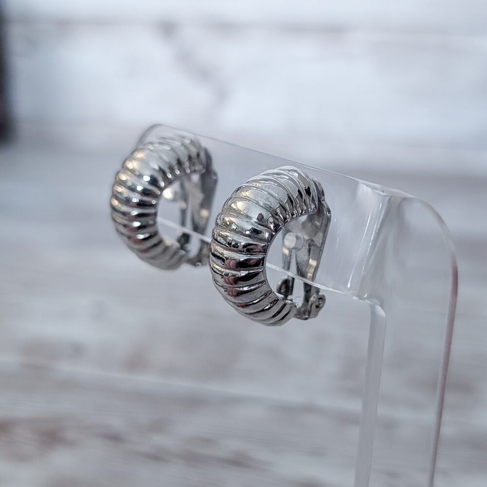 Vintage Bergere Clip On Earrings Silver Tone Statement Half Hoop